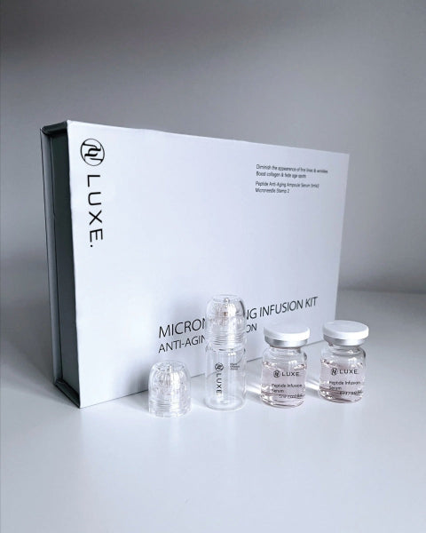 LUXE microneedling infusion kit with vials and packaging on a gray background