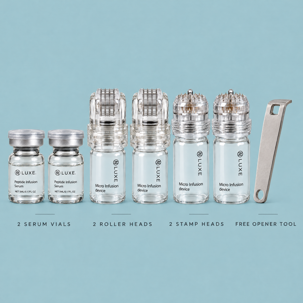 2 serum vials, 2 roller heads, 2 stamp heads and the free opener tool