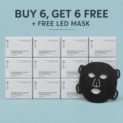 Buy 6, get 6 free plus a free LED mask: twelve LUXE Micro-Infusion Kit boxes with the LED face mask